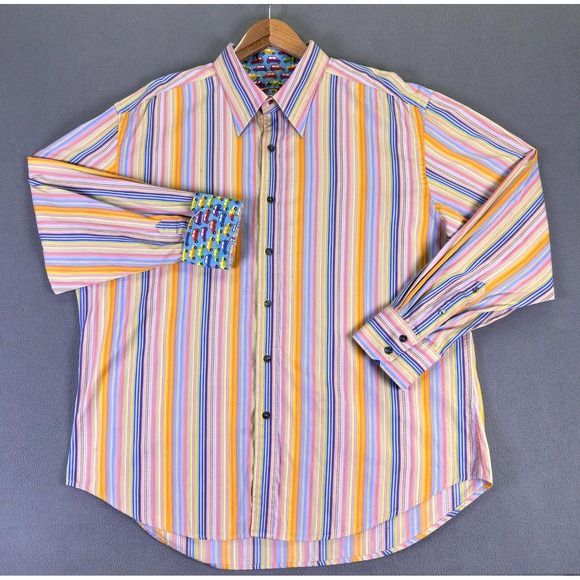 Robert Graham Shirt 2XL Pink Orange Blue Stripe Cars Colorful Flip Cuff STAIN - Picture 2 of 13